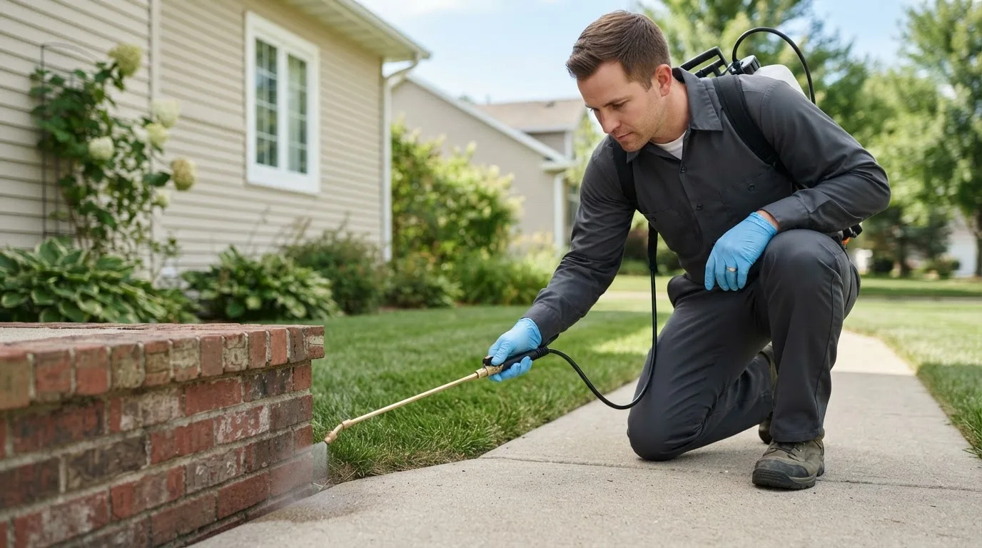 Pest control technician treating a home near Streeter, ND